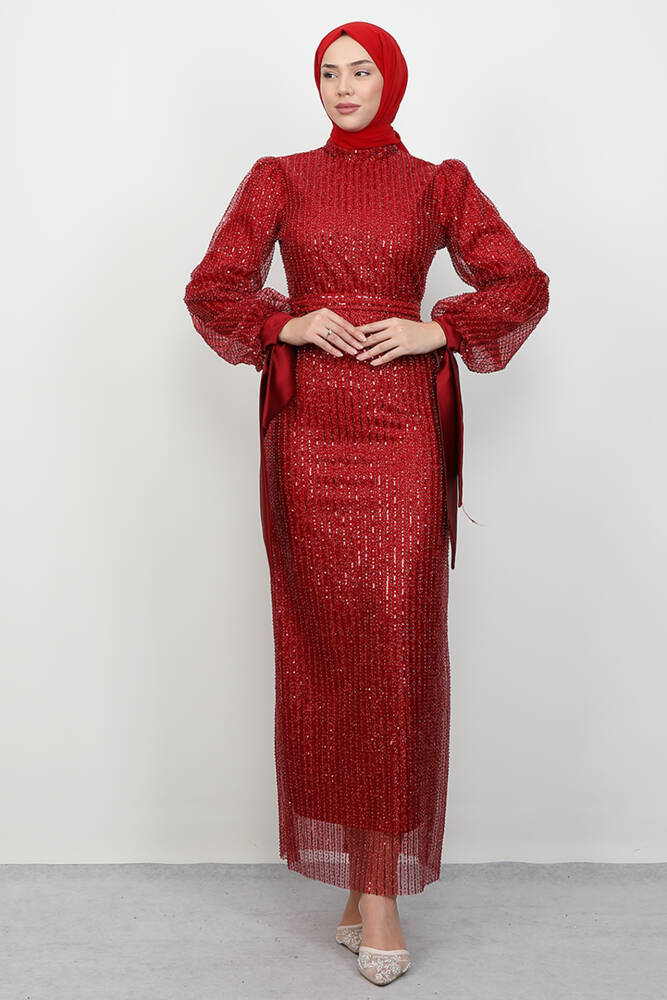 Aheste Boncuk İşleme Abiye Bordo - LAMİAGİYİM