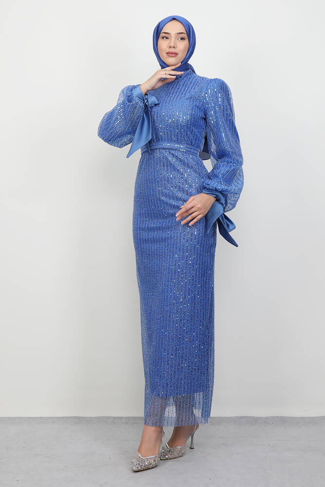 Aheste Boncuk İşleme Abiye İndigo - LAMİAGİYİM