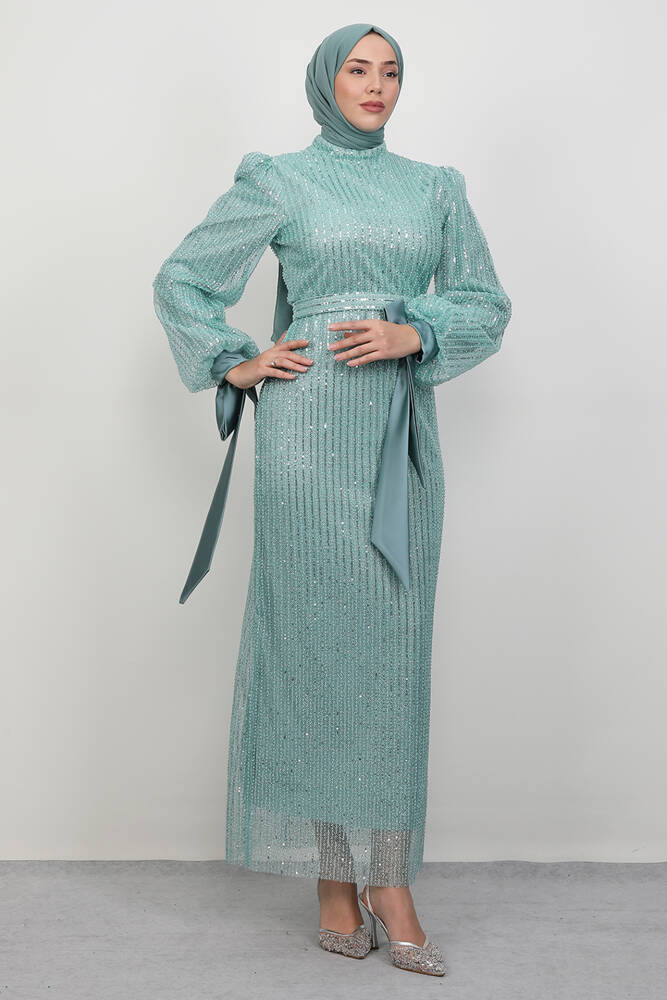 Aheste Boncuk İşleme Abiye Mint - LAMİAGİYİM