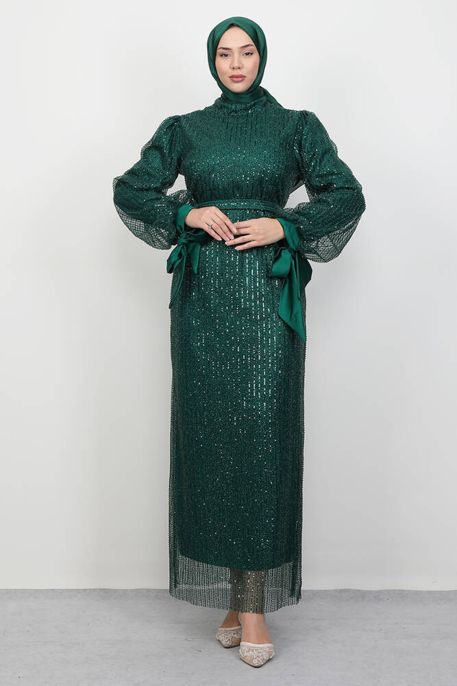 Aheste Boncuk İşleme Abiye Zümrüt - LAMİAGİYİM