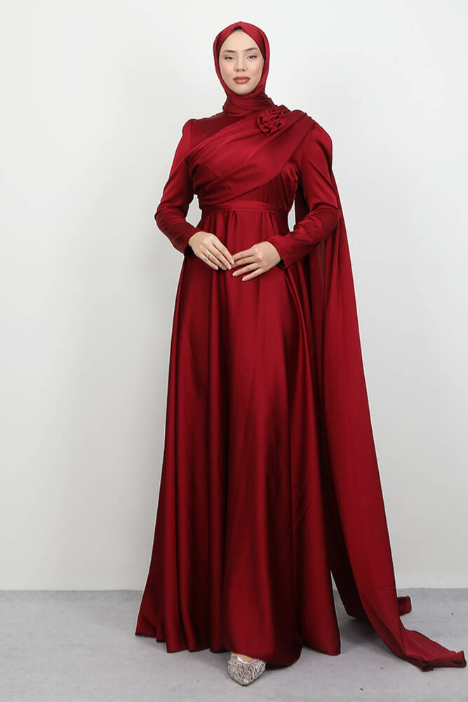 Alaz Saten Gül Abiye Bordo 
