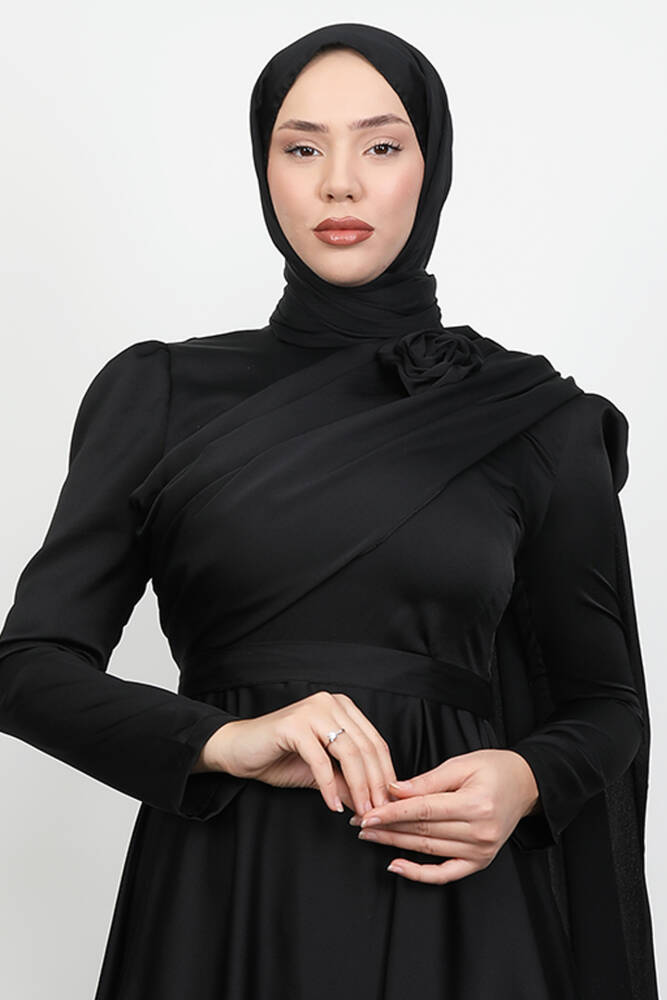 Alaz Saten Gül Abiye Siyah 