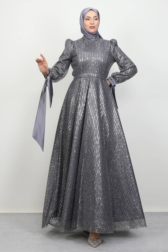 Arzu Tesettür Abiye Koyu Gri - LAMİAGİYİM