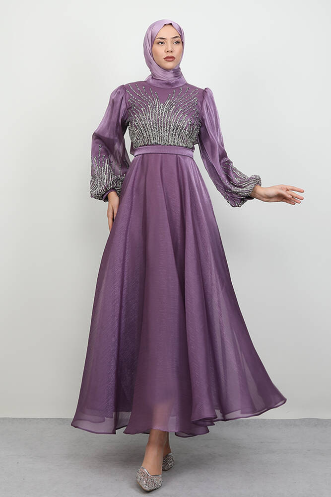 Aven Taşlı Abiye Koyu Lila - LAMİAGİYİM