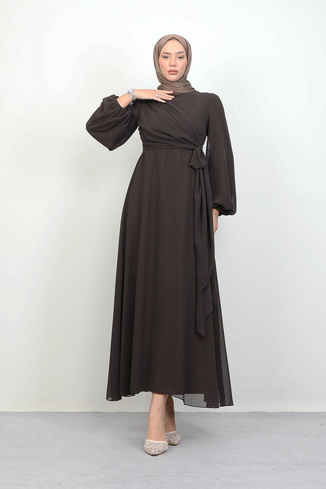 Bağlama Detay Şifon Elbise Acı Kahve - LAMİAGİYİM