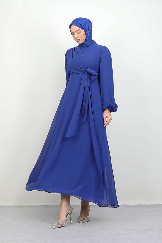 Bağlama Detay Şifon Elbise Gece Mavi - LAMİAGİYİM