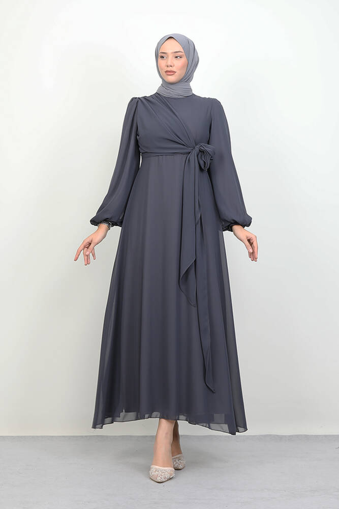Bağlama Detay Şifon Elbise Koyu Gri - LAMİAGİYİM
