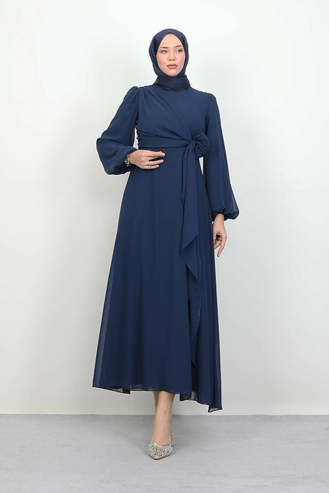 Bağlama Detay Şifon Elbise Lacivert - LAMİAGİYİM