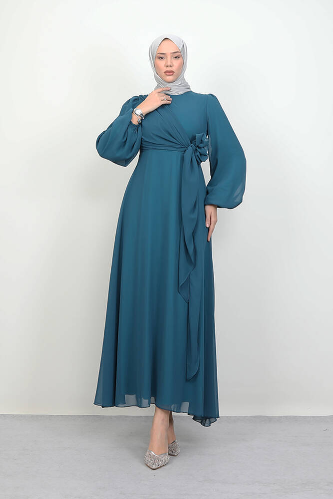 Bağlama Detay Şifon Elbise Petrol - LAMİAGİYİM