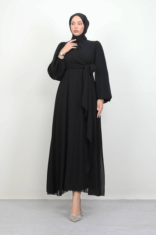 Bağlama Detay Şifon Elbise Siyah - LAMİAGİYİM