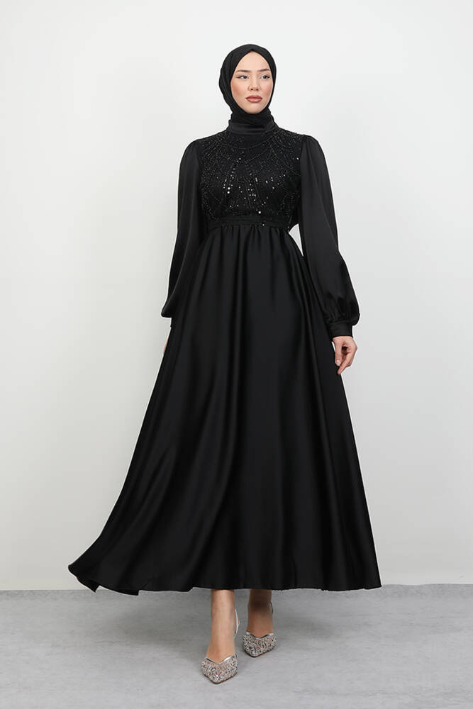 Balon Kol Saten Abiye Siyah - LAMİAGİYİM