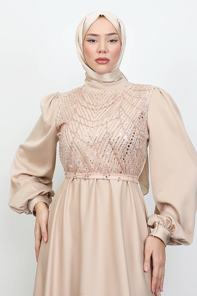 Balon Kol Saten Abiye Sütlükahve - LAMİAGİYİM