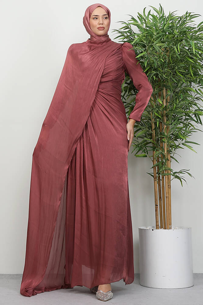 Burcu Tesettür Abiye Gül Kurusu - LAMİAGİYİM