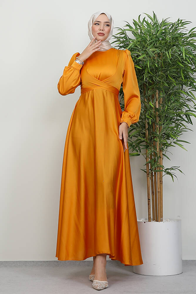 Çapraz Kuşaklı Abiye Safran - LAMİAGİYİM