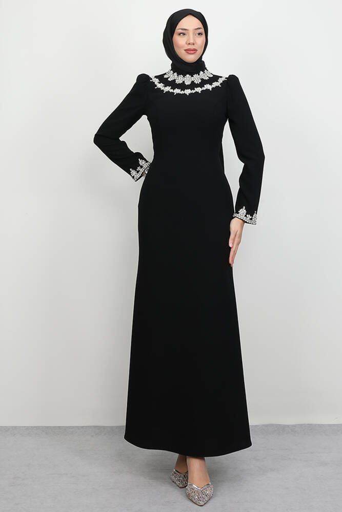 Çiçek Taşlı Elbise Siyah - LAMİAGİYİM