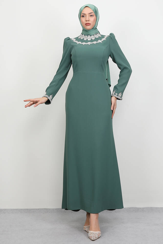 Çiçek Taşlı Elbise Soft Yeşil - LAMİAGİYİM