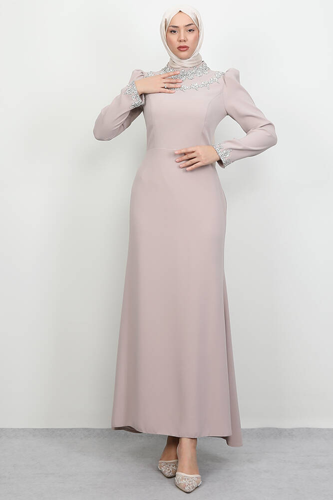 Çiçek Taşlı Elbise Vizon - LAMİAGİYİM