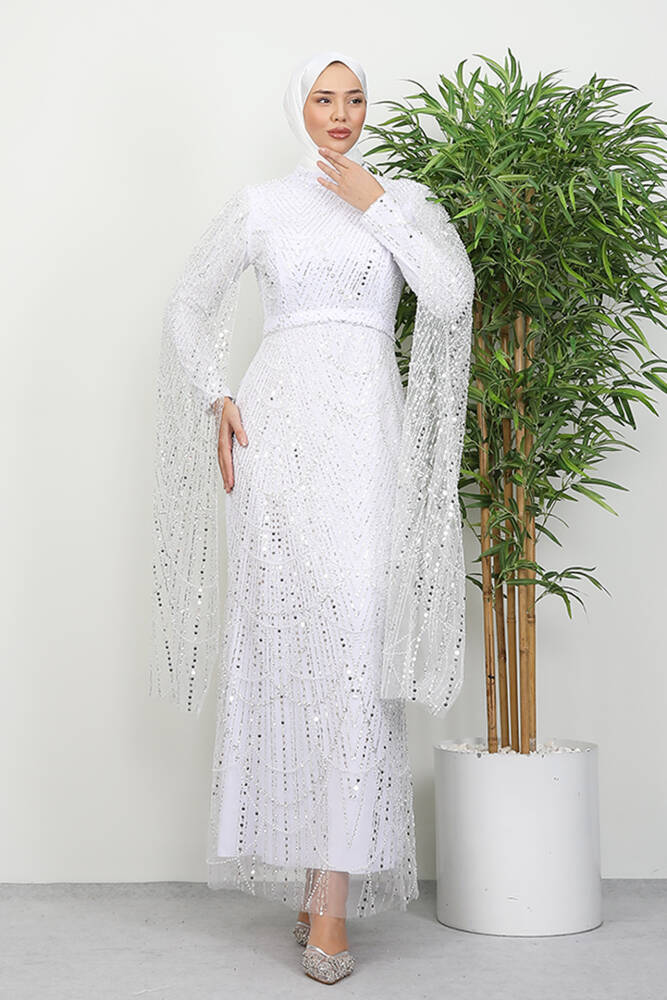 Duru Taşlı Abiye Beyaz - LAMİAGİYİM