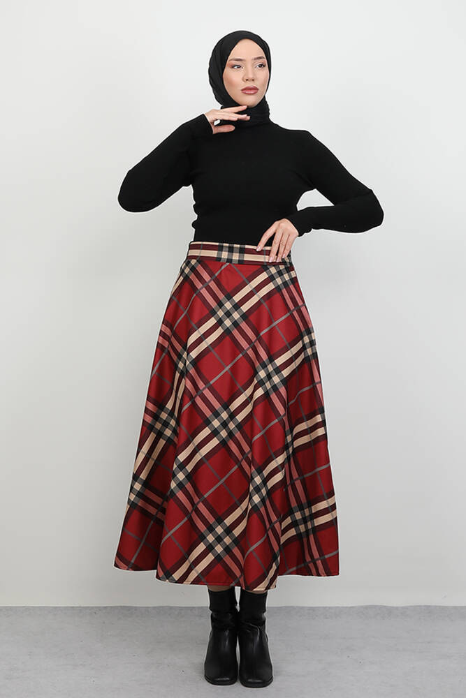 Ekoseli Kloş Etek Bordo - LAMİAGİYİM