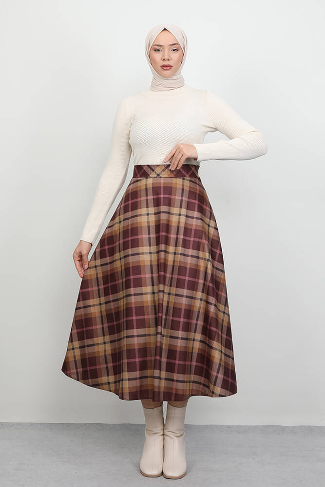 Ekoseli Kloş Etek Gülkahve - LAMİAGİYİM