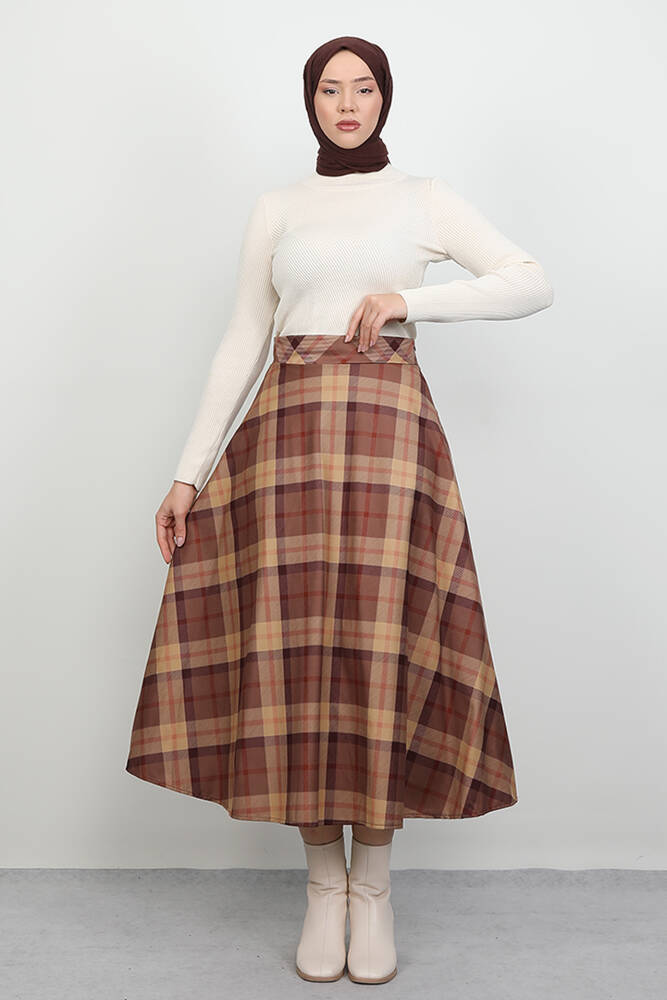 Ekoseli Kloş Etek Kahve - LAMİAGİYİM