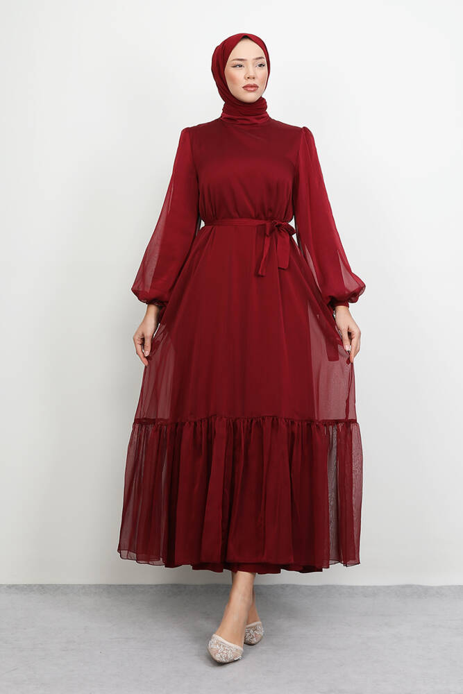 Fırfır Detay Janjan Elbise Bordo - LAMİAGİYİM