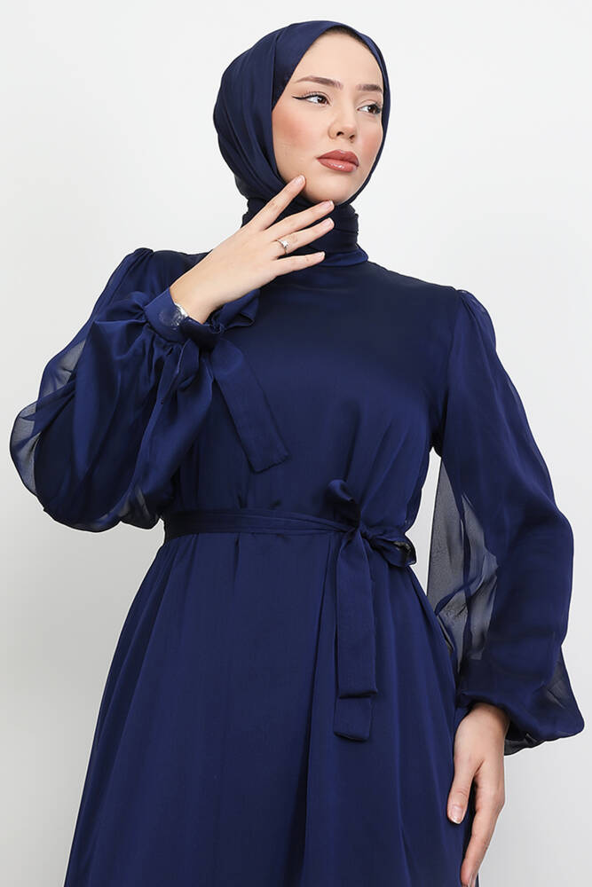Fırfır Detay Janjan Elbise Lacivert - LAMİAGİYİM