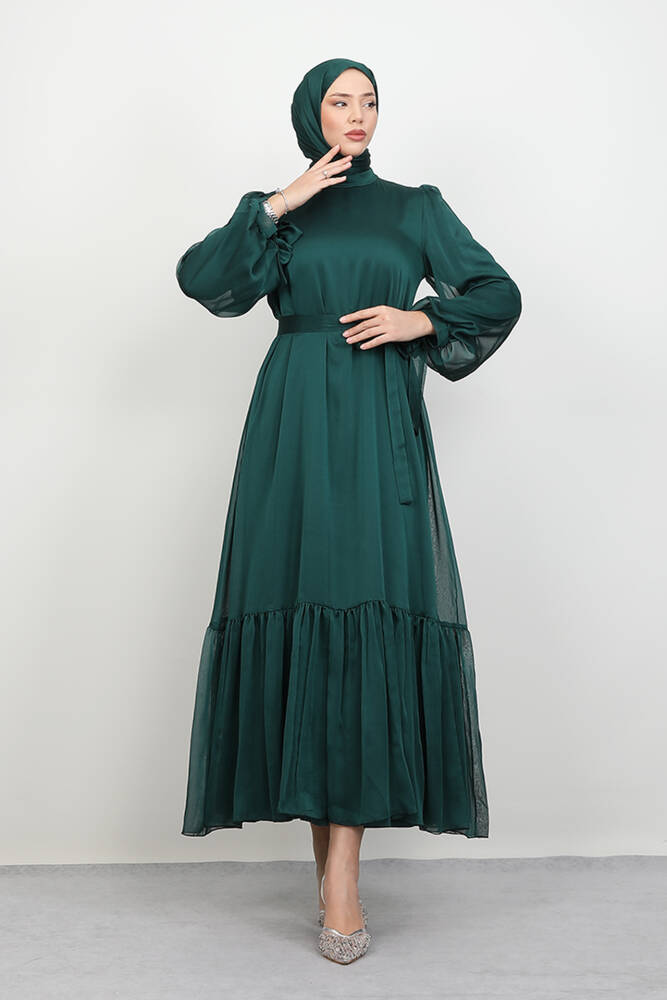 Fırfır Detay Janjan Elbise Zümrüt - LAMİAGİYİM