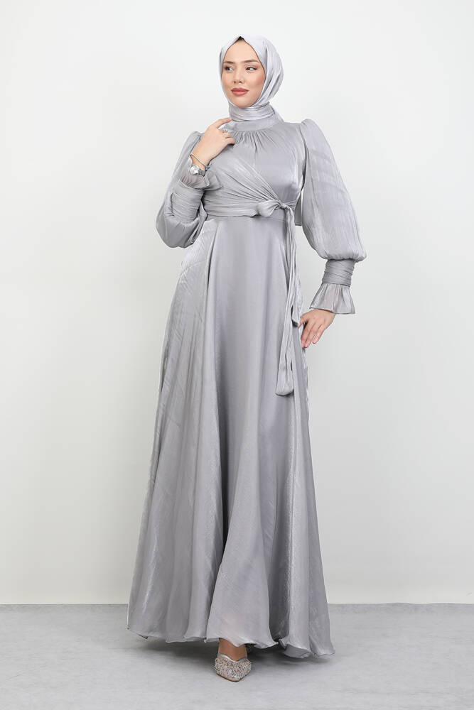 Fiyonk Detay İpek Abiye Gri - LAMİAGİYİM