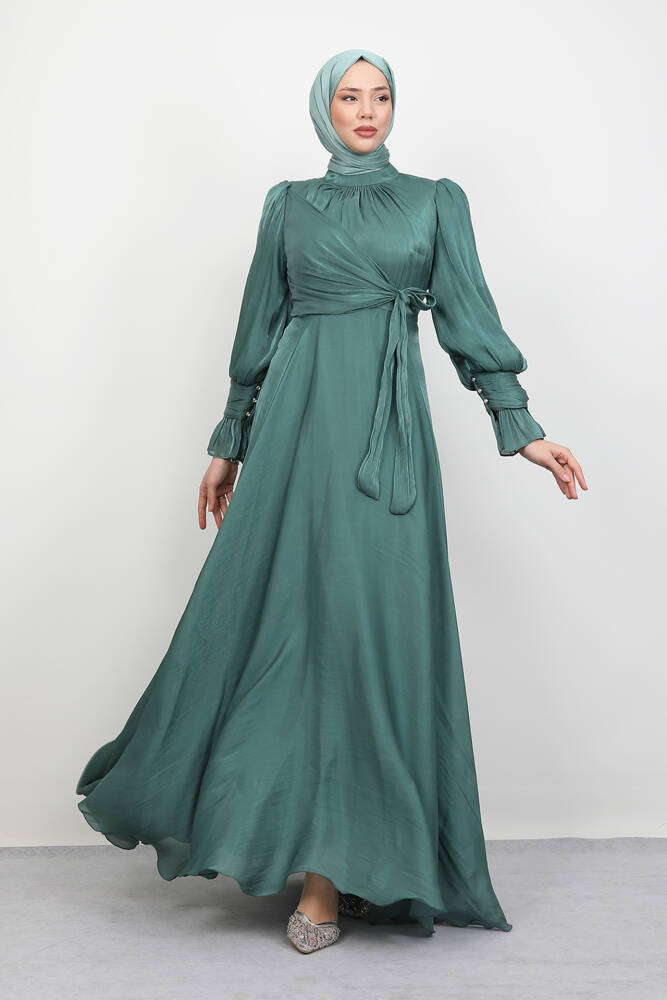 Fiyonk Detay İpek Abiye Koyu Mint - LAMİAGİYİM