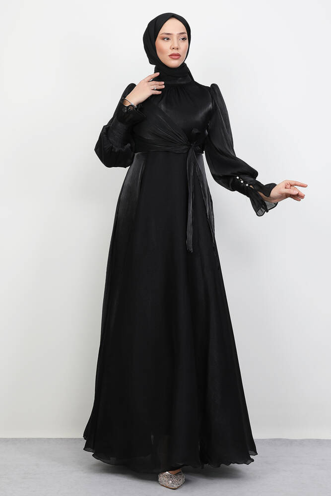 Fiyonk Detay İpek Abiye Siyah - LAMİAGİYİM