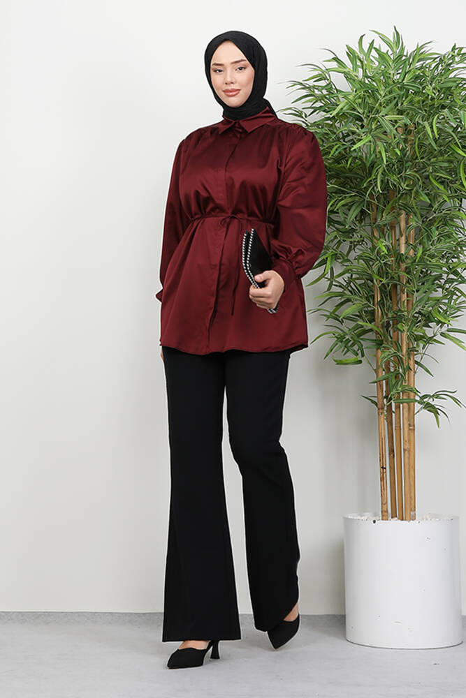 Gizli Düğmeli Saten Gömlek Bordo - LAMİAGİYİM