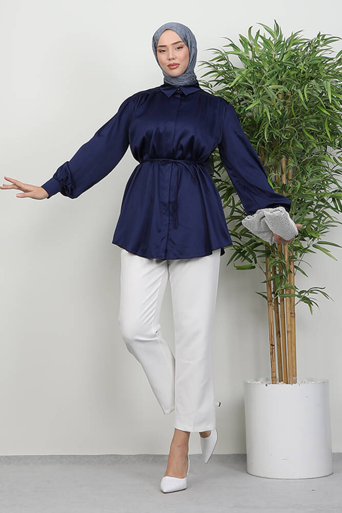 Gizli Düğmeli Saten Gömlek Lacivert - LAMİAGİYİM