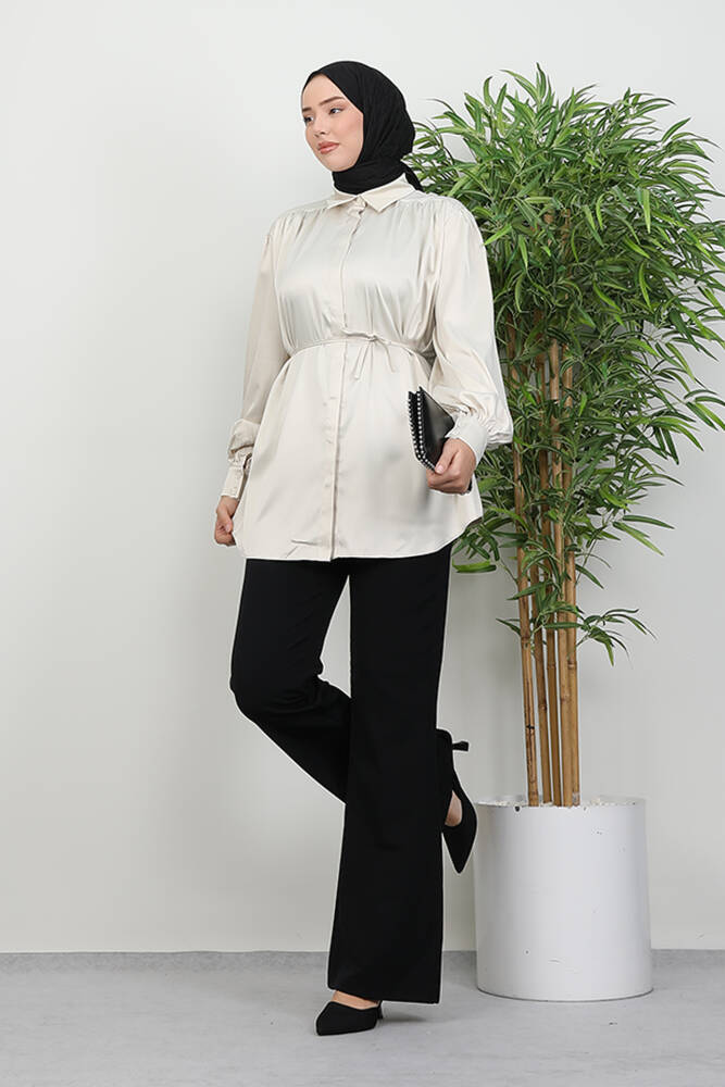 Gizli Düğmeli Saten Gömlek Taş - LAMİAGİYİM