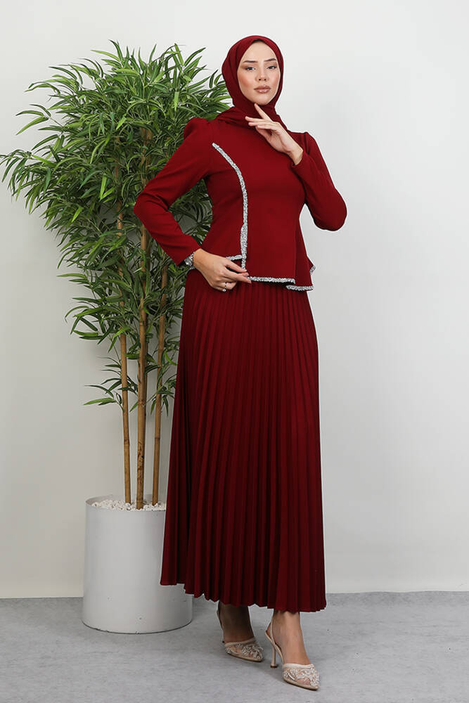Gül Hanım Etekli Takım Bordo 