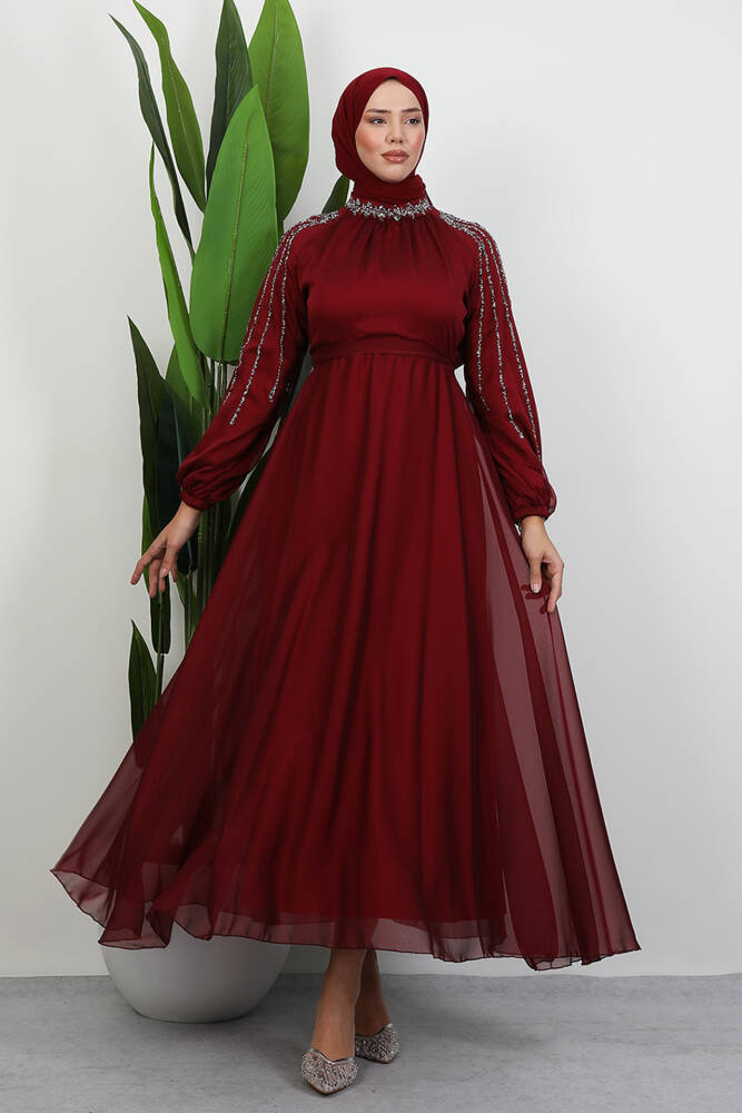Helen Taşlı Janjan Elbise Bordo 