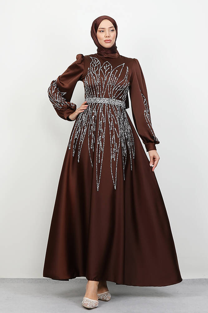 İkbal Taşlı Saten Abiye Acı Kahve - LAMİAGİYİM