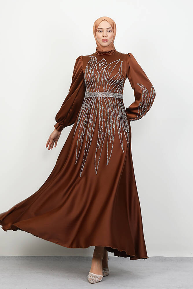 İkbal Taşlı Saten Abiye Açık Kahve - LAMİAGİYİM