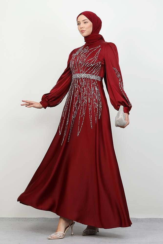 İkbal Taşlı Saten Abiye Bordo - LAMİAGİYİM