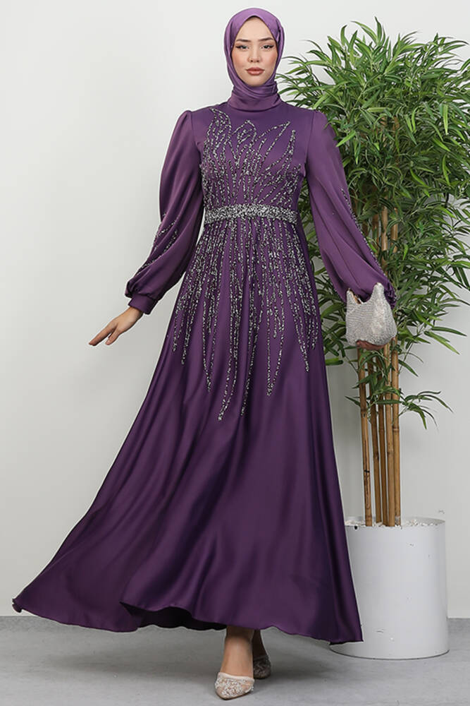 İkbal Taşlı Saten Abiye Koyu Lila - LAMİAGİYİM