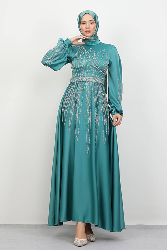 İkbal Taşlı Saten Abiye Mint - LAMİAGİYİM