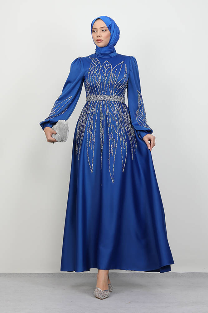 İkbal Taşlı Saten Abiye Saks - LAMİAGİYİM