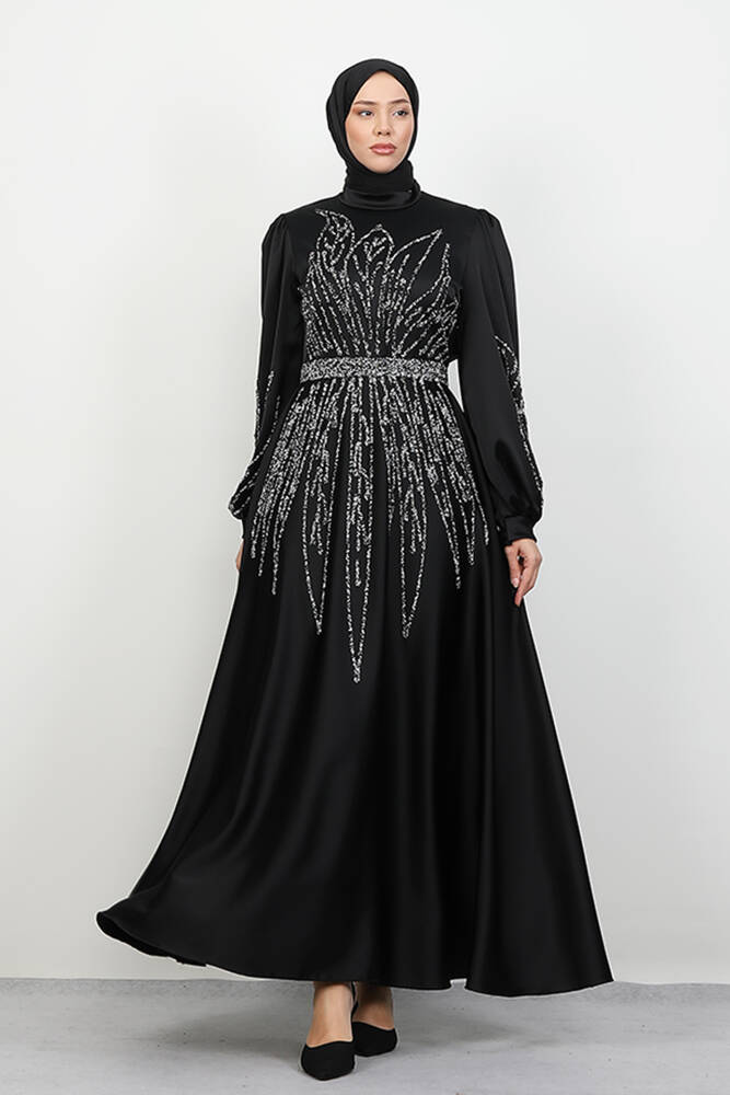 İkbal Taşlı Saten Abiye Siyah - LAMİAGİYİM