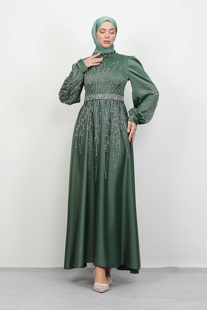 İkbal Taşlı Saten Abiye Soft Yeşil - LAMİAGİYİM