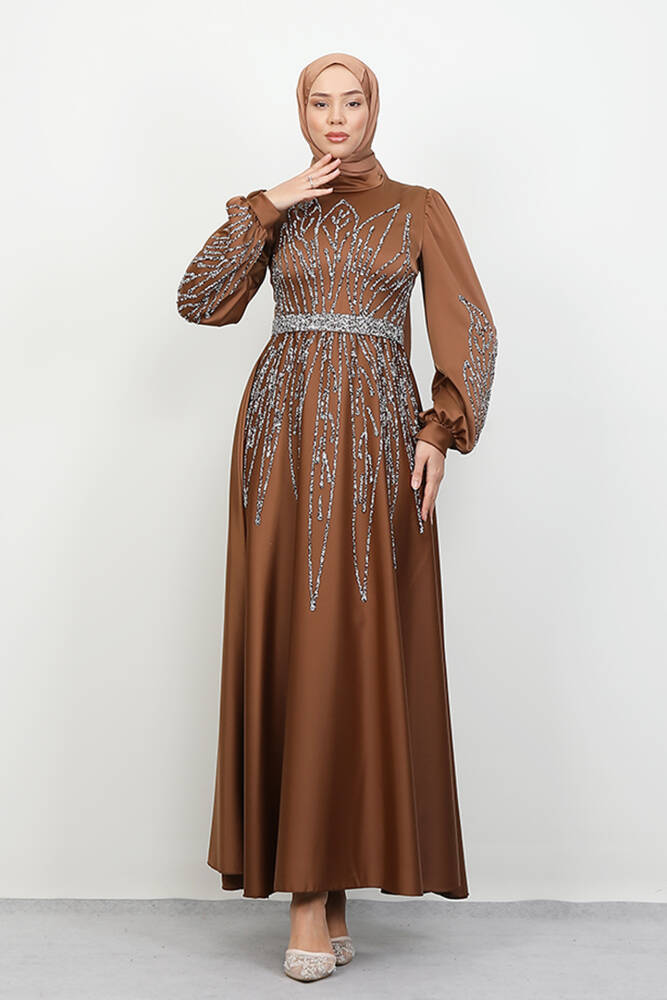 İkbal Taşlı Saten Abiye Taba - LAMİAGİYİM