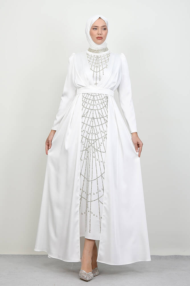 İşlemeli Pelerinli Abiye Beyaz 