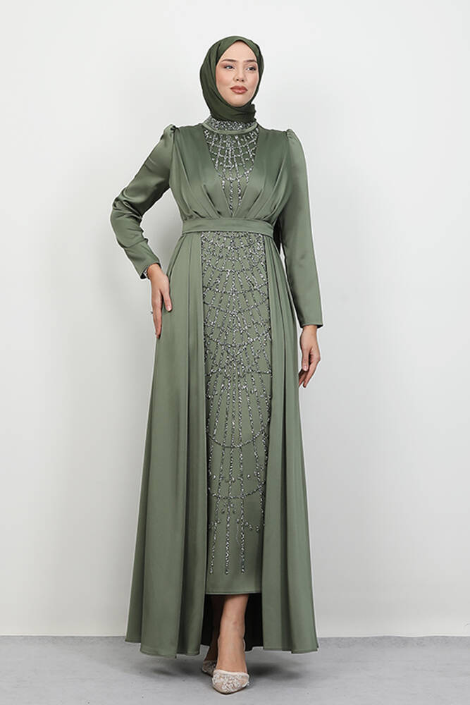 İşlemeli Pelerinli Abiye Haki 