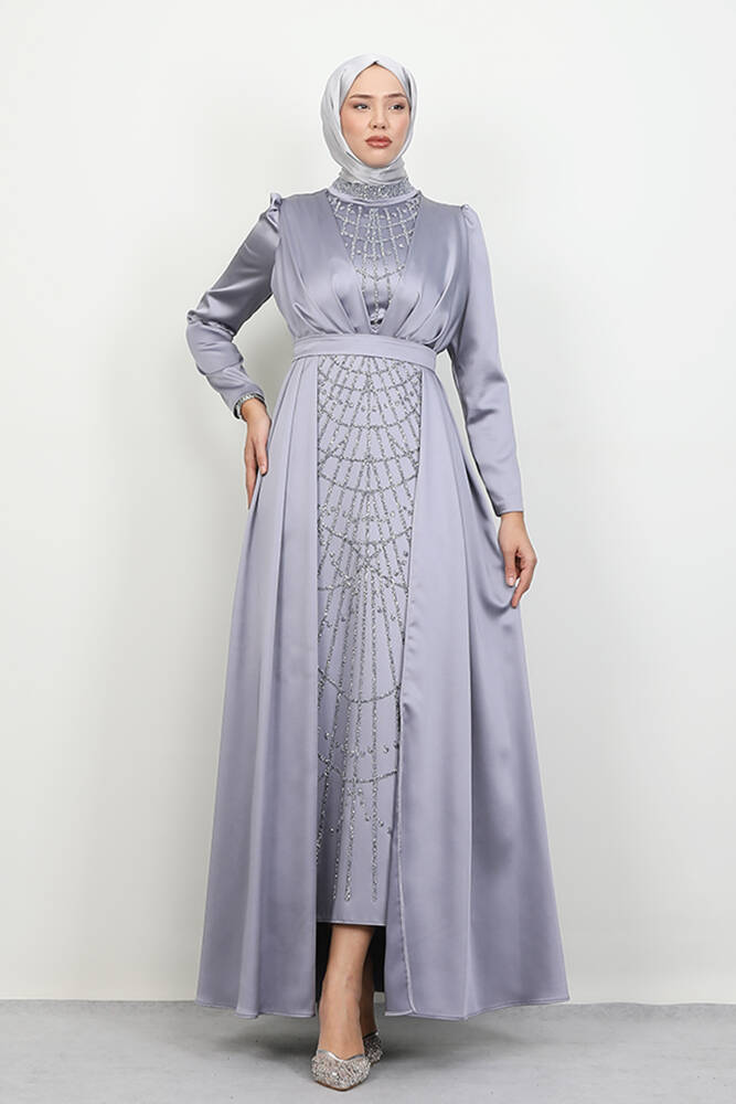 İşlemeli Pelerinli Abiye Koyu Gri 