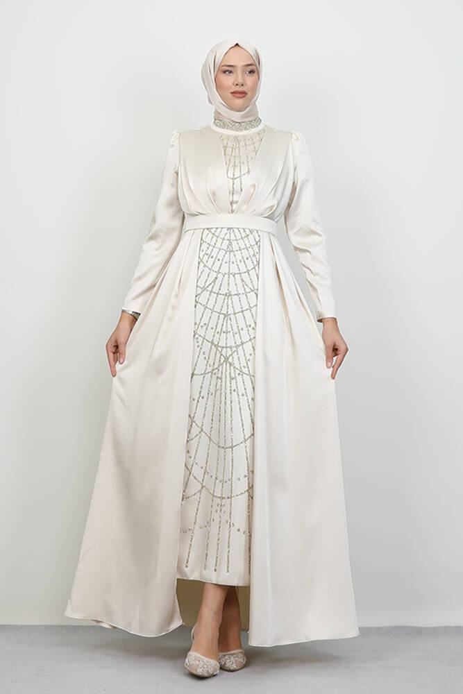 İşlemeli Pelerinli Abiye Krem - LAMİAGİYİM