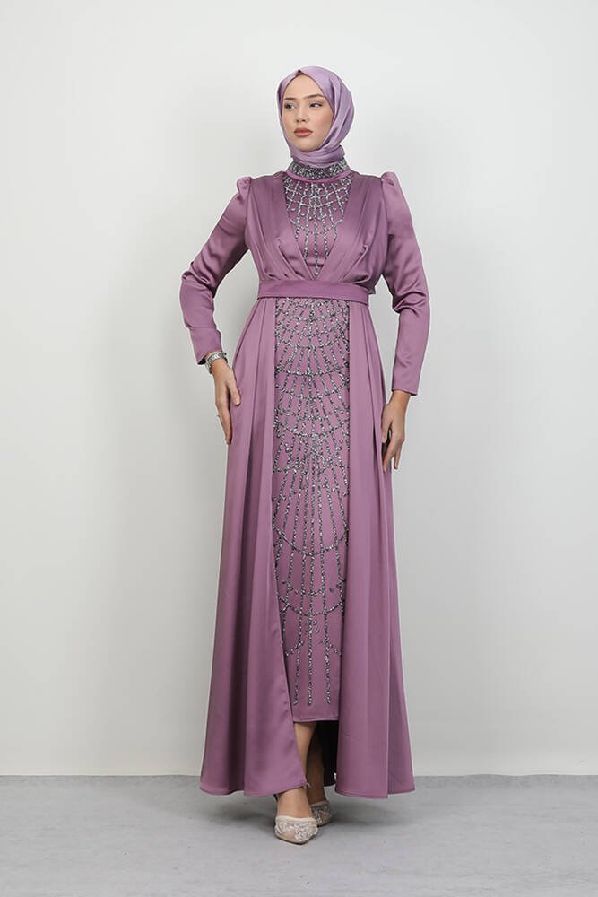 İşlemeli Pelerinli Abiye Lila - LAMİAGİYİM